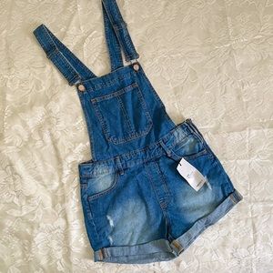 Forever 21 Distressed Denim Overall Shorts